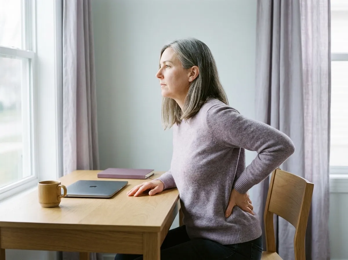 The same woman half-risen from a wooden desk chair, one hand on the desk beside a laptop and the other pressed into her lower back, looking toward the window.