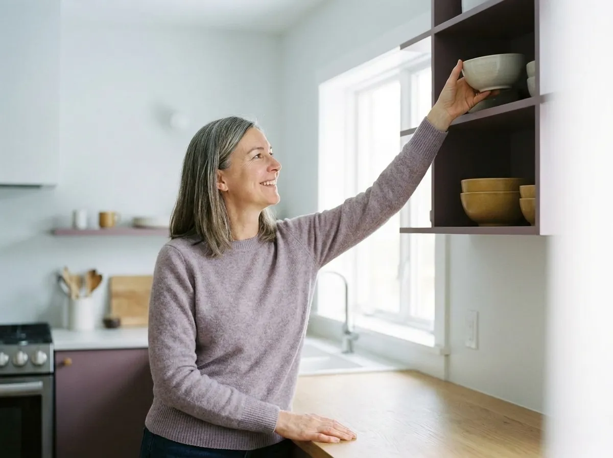 The woman smiling in her kitchen as she reaches up easily to take a bowl down from a high shelf.