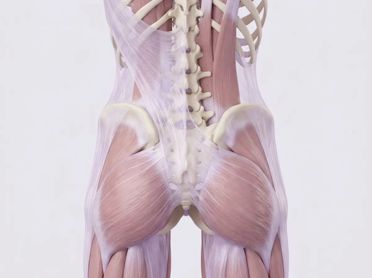 An anatomical model of the lower back and hips from behind, the muscles beside the spine and across the hips wrapped in one sheet of fascia.