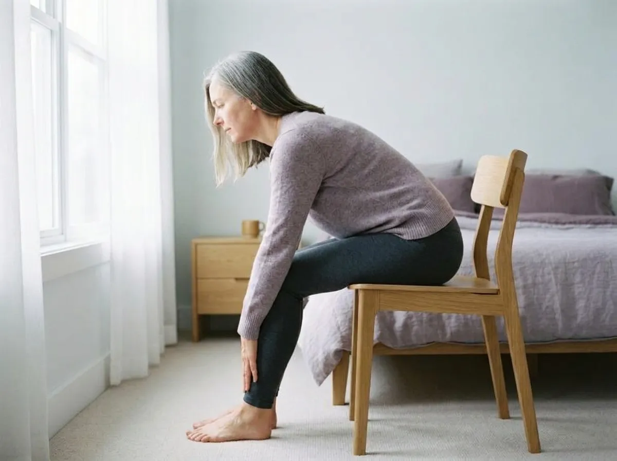 The woman sitting on the front of a chair, folding gently forward on a breath out, her hands sliding down to the middle of her shins.