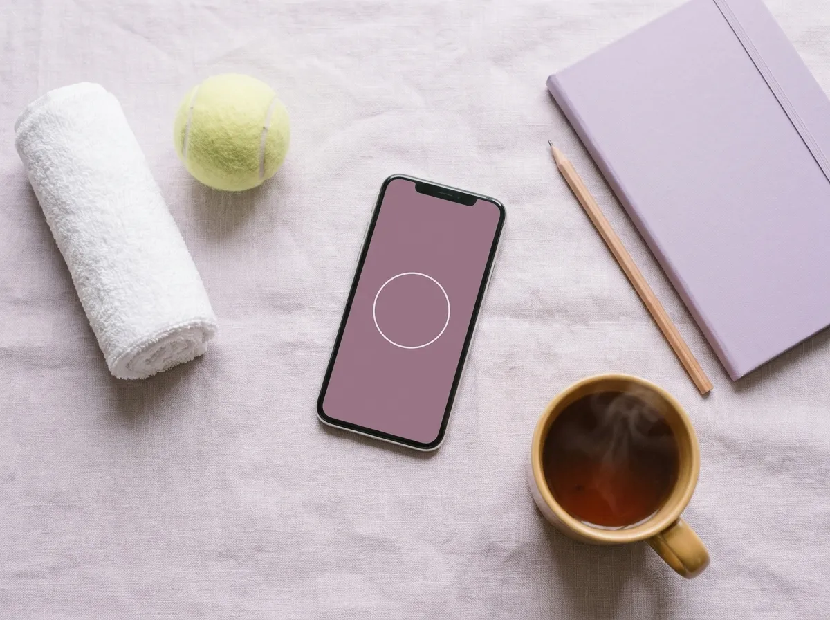A phone, a rolled hand towel, a tennis ball, a notebook, a pencil and a mug of tea on linen.