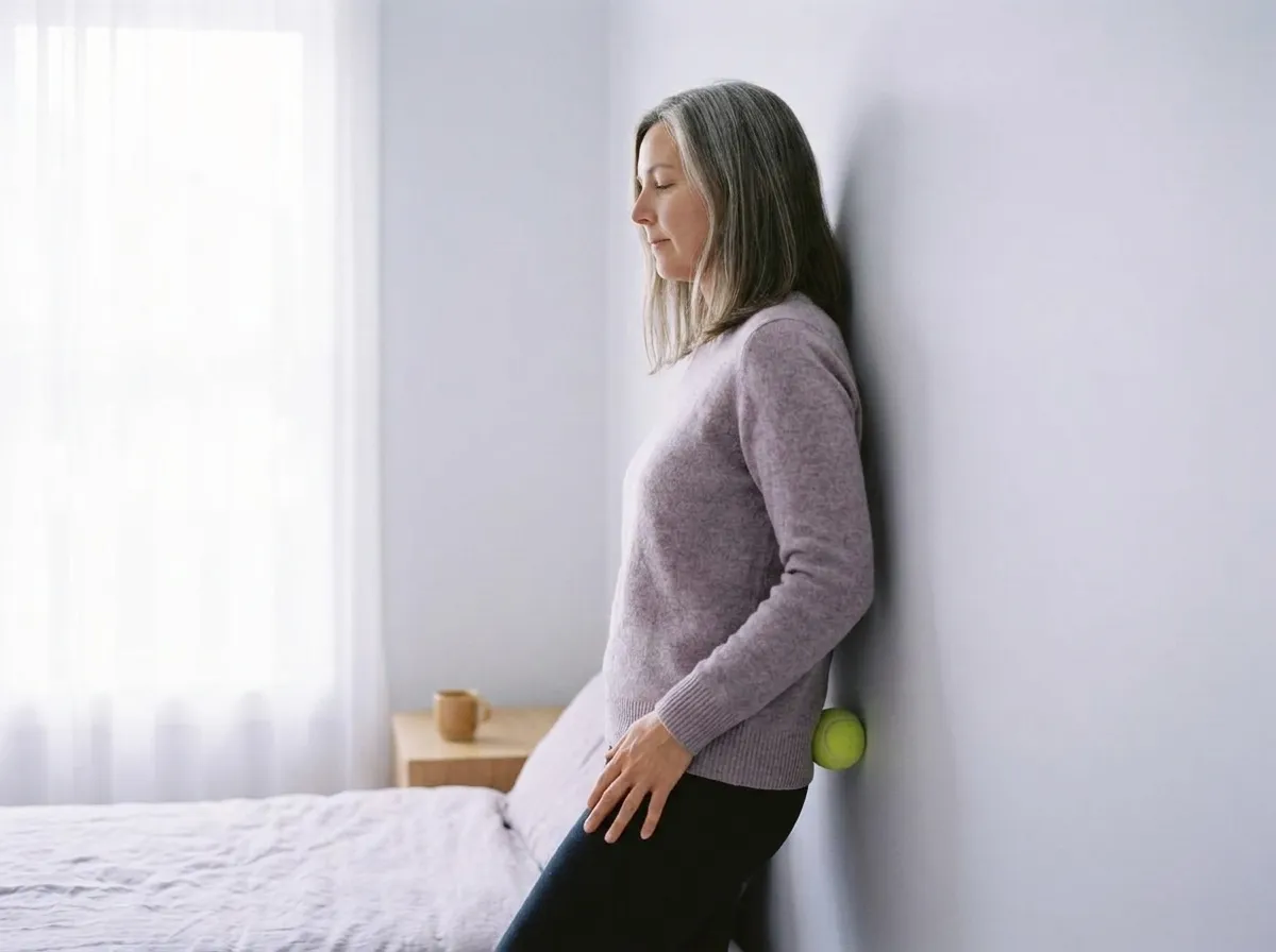 The woman leaning gently back against a wall with a tennis ball between the wall and the back of her hip.