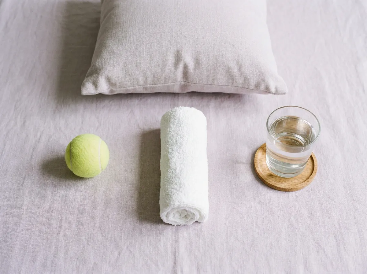 A hand towel rolled into a cylinder, a tennis ball, a pillow and a glass of water on linen.