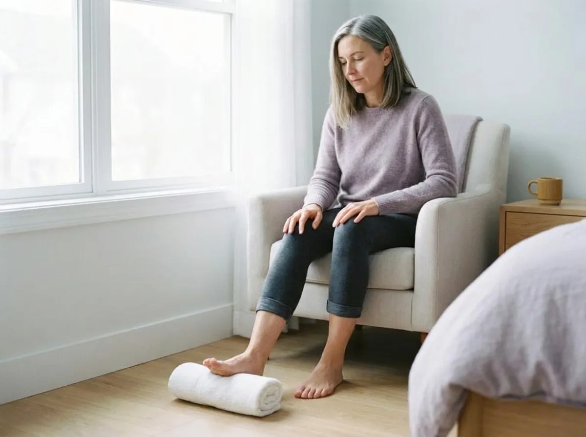 The woman sitting in an armchair, rolling the sole of one bare foot over a rolled hand towel, her hands resting on her knees.