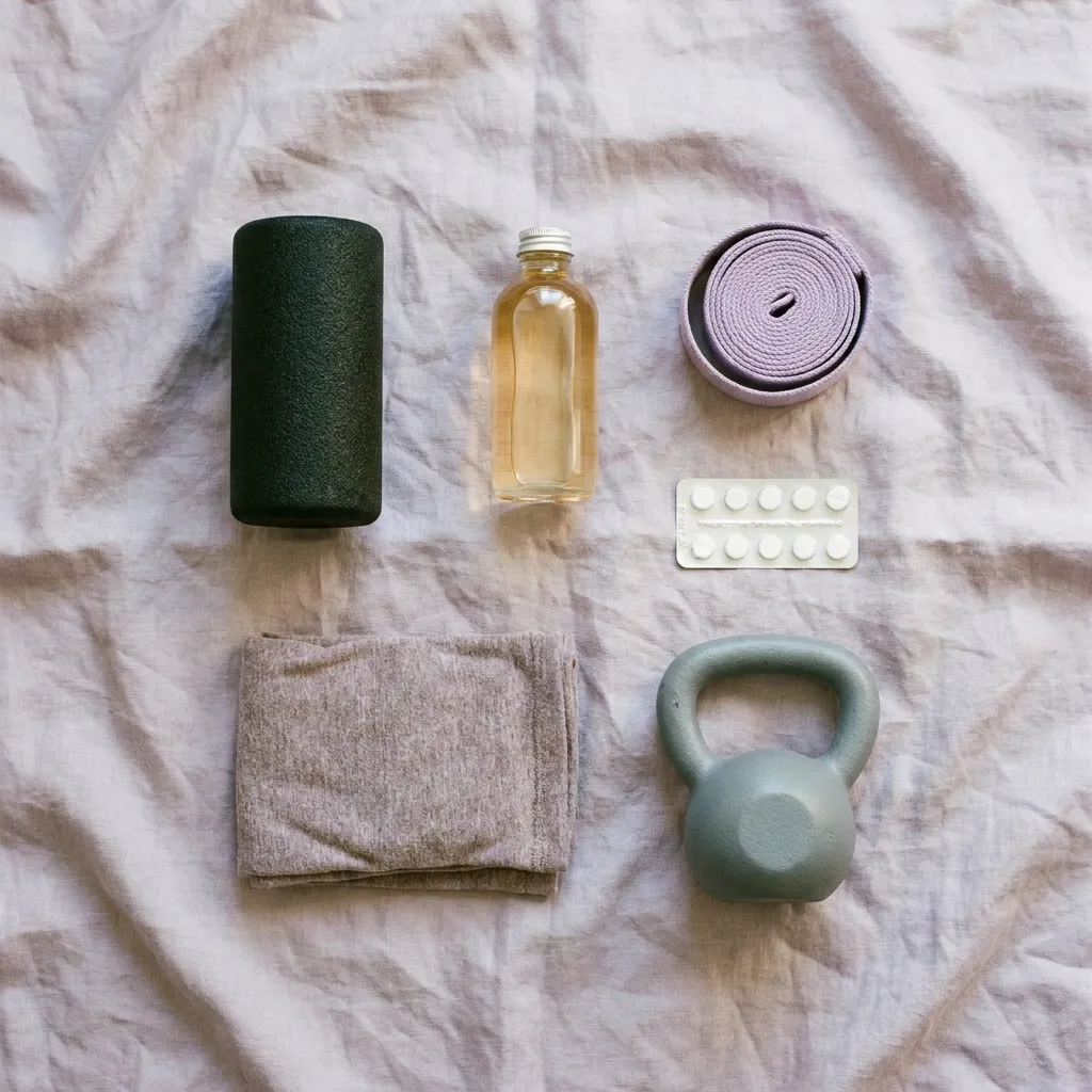 A foam roller, a bottle of massage oil, a stretching strap, a pack of tablets, a heat wrap and a small kettlebell, laid out on linen.