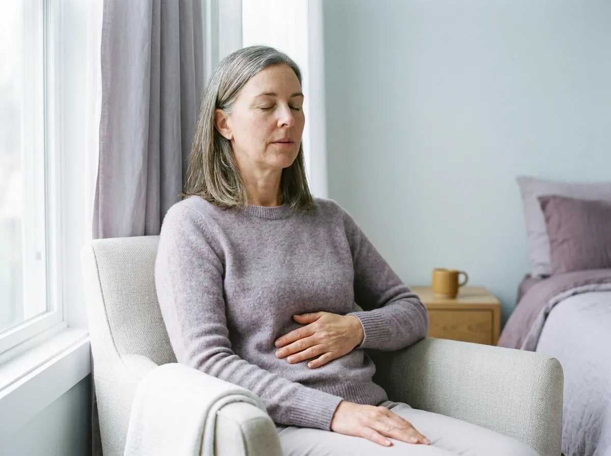 A woman sitting in an armchair with her eyes closed, shoulders low, one hand resting on her stomach as she breathes out.