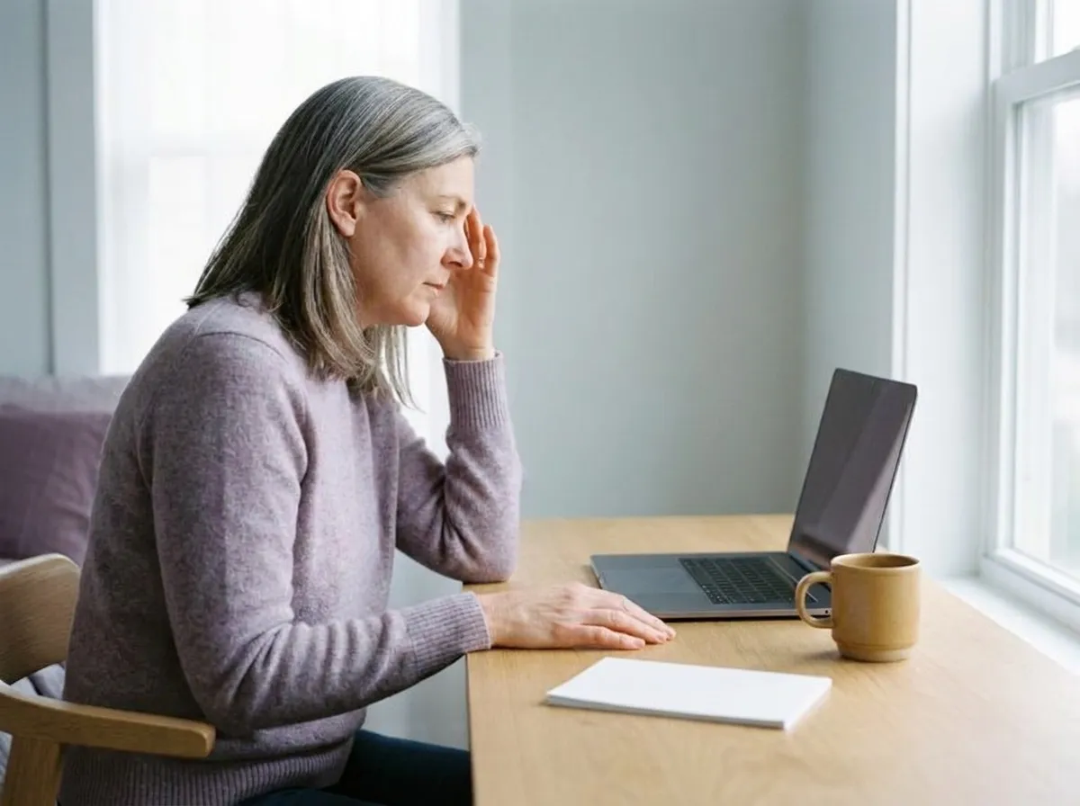 The same woman at a desk in the afternoon, shoulders lifted toward her ears, fingertips resting on her temple.