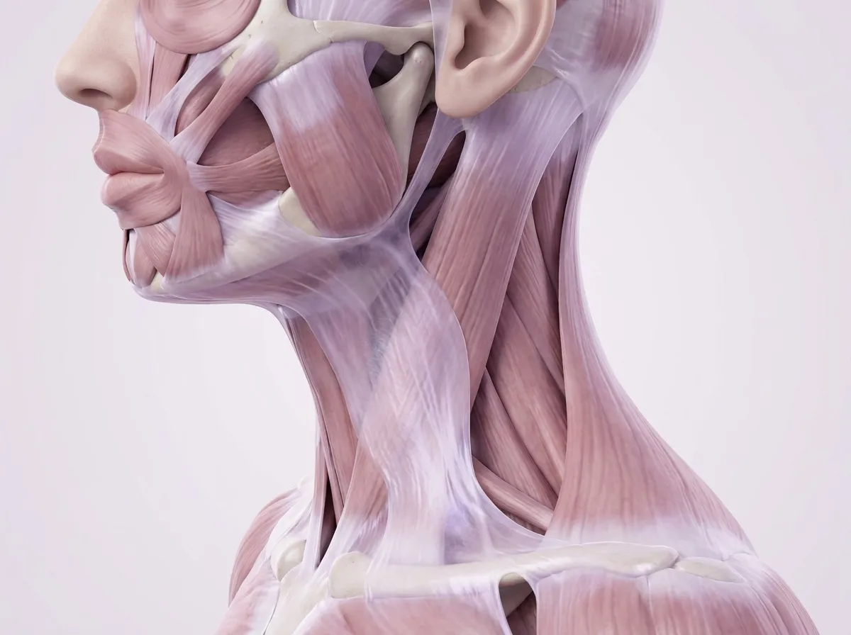 An anatomical illustration of the jaw, neck and shoulder, with a thin pearly layer of fascia running over the muscles as one sheet.
