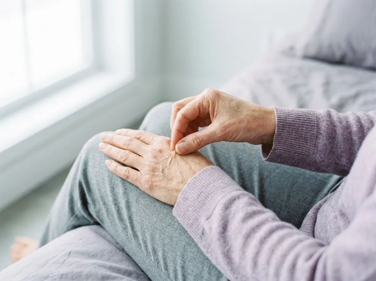 Two hands resting in a lap, the fingers of one lightly pressing the back of the other, near the base of the thumb.