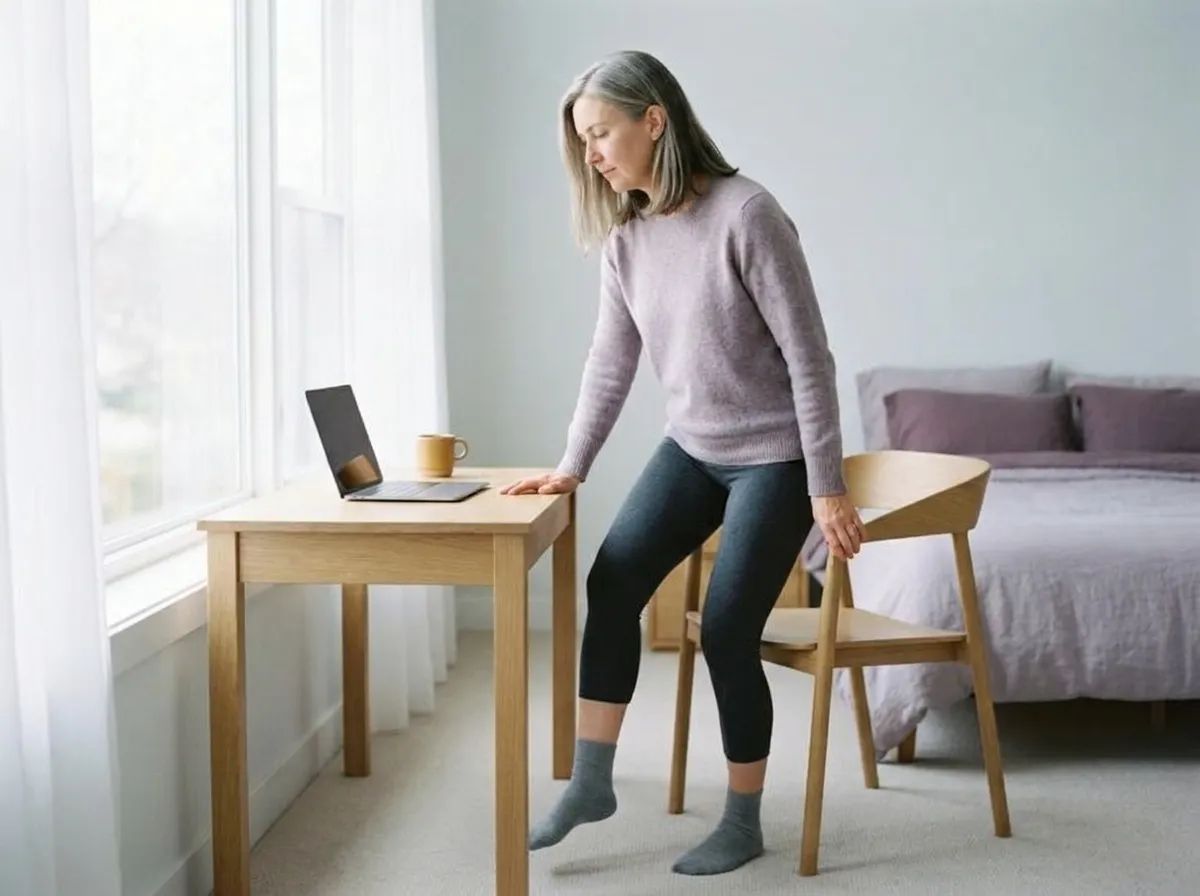 The same woman standing up from her desk chair, one hand on the desk, her weight kept off one foot.