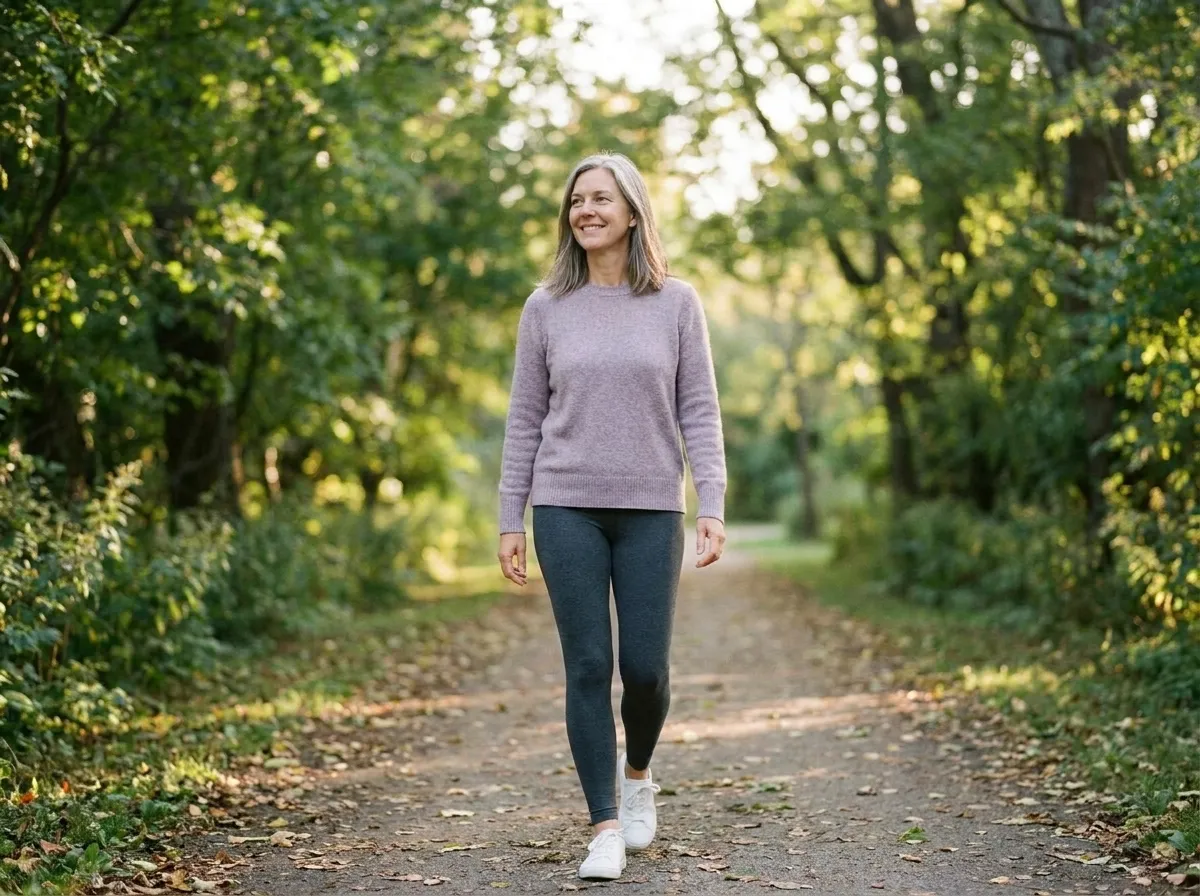 The woman walking along a leafy park path in the evening, smiling, her stride easy.