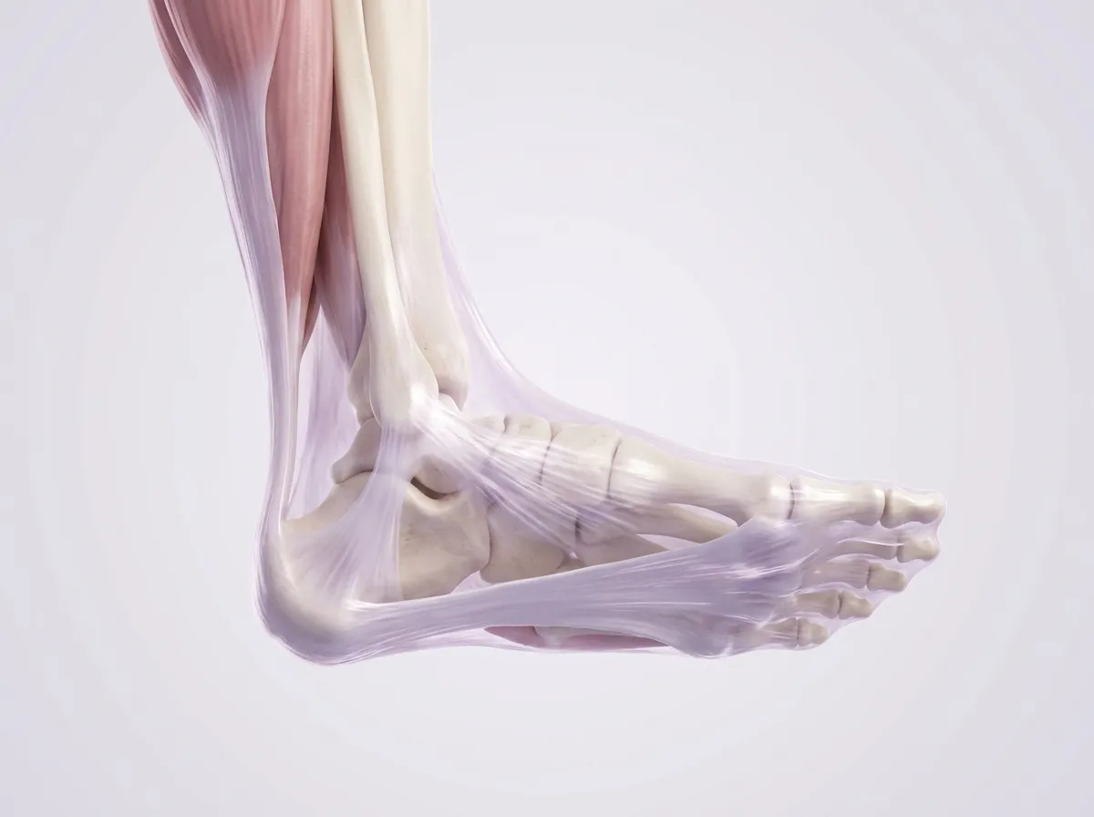 An anatomical model of the lower leg and foot from the side, the calf, the back of the heel and the sole of the foot wrapped in one continuous sheet of fascia.