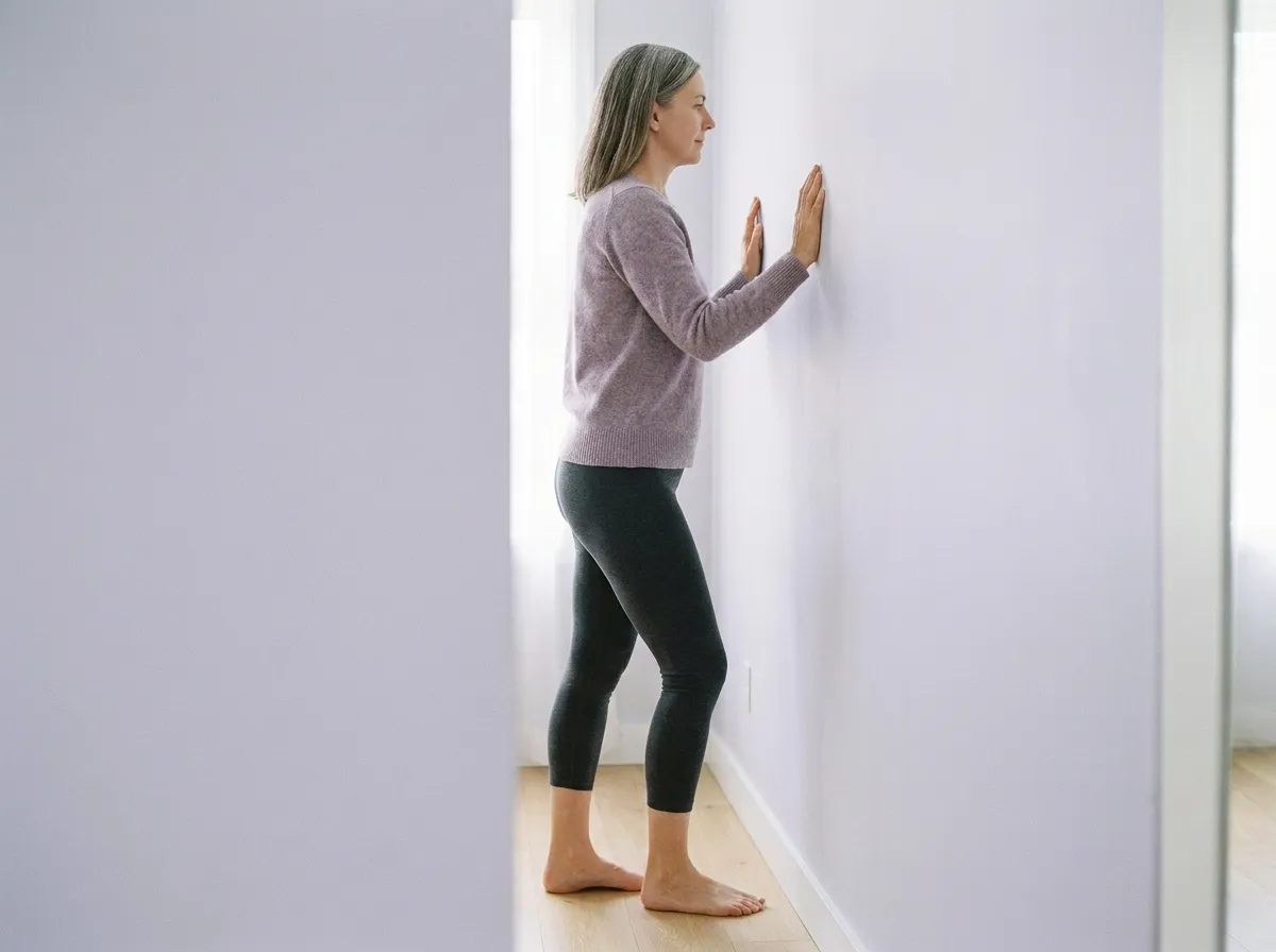 The woman standing upright close to a wall, hands resting on it, both heels down, her front knee easing toward the wall.