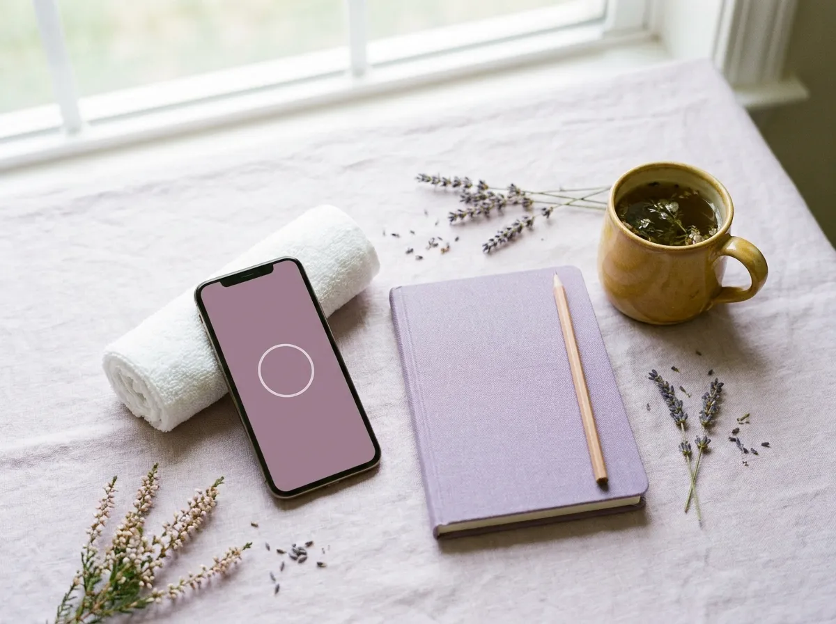 A phone, a rolled hand towel, a notebook, a pencil and a mug of tea on linen.