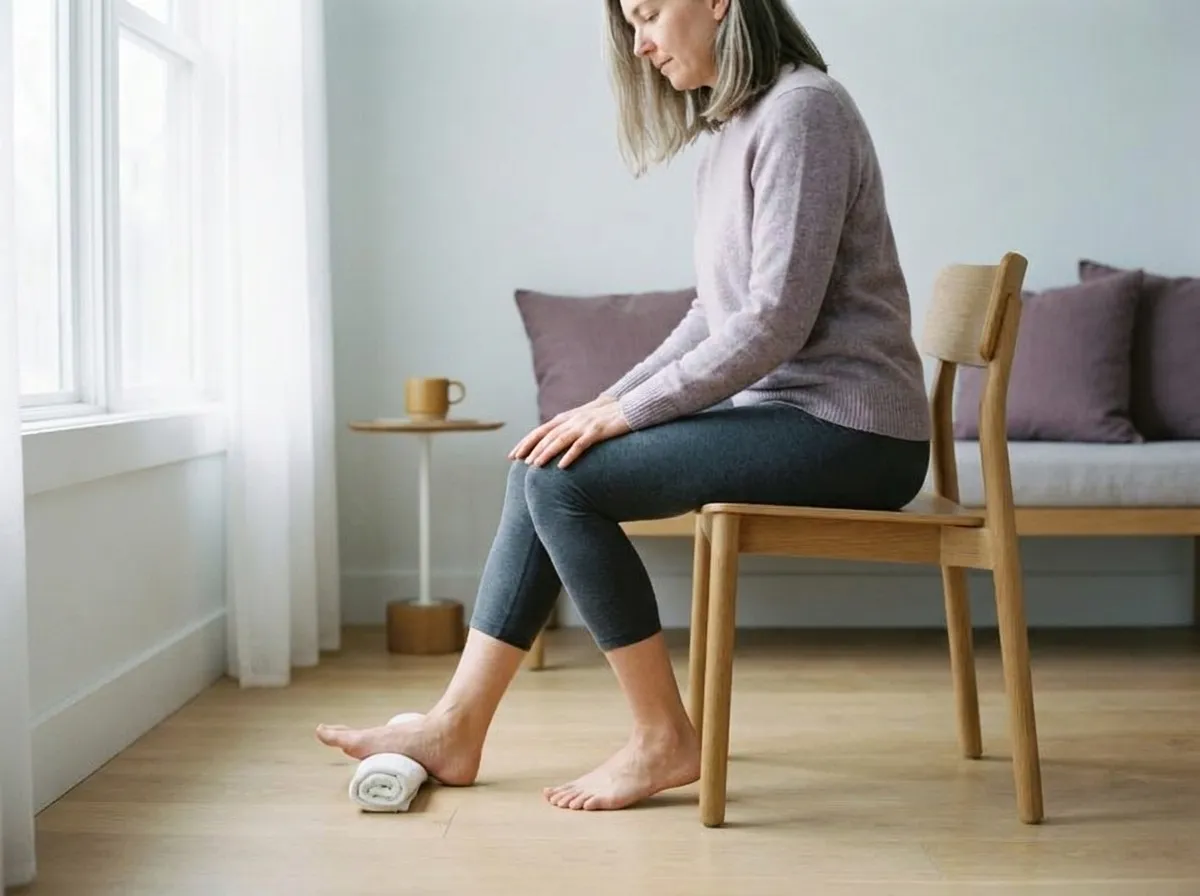 The woman sitting on a chair, a rolled hand towel under the arch of her bare foot, her heel resting on the floor.