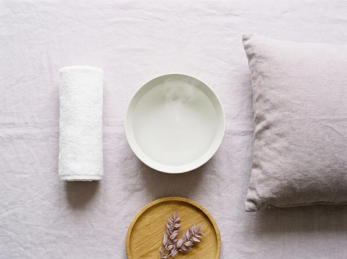 A hand towel rolled into a tube, a bowl of warm water, a pillow and a small oak tray on linen.