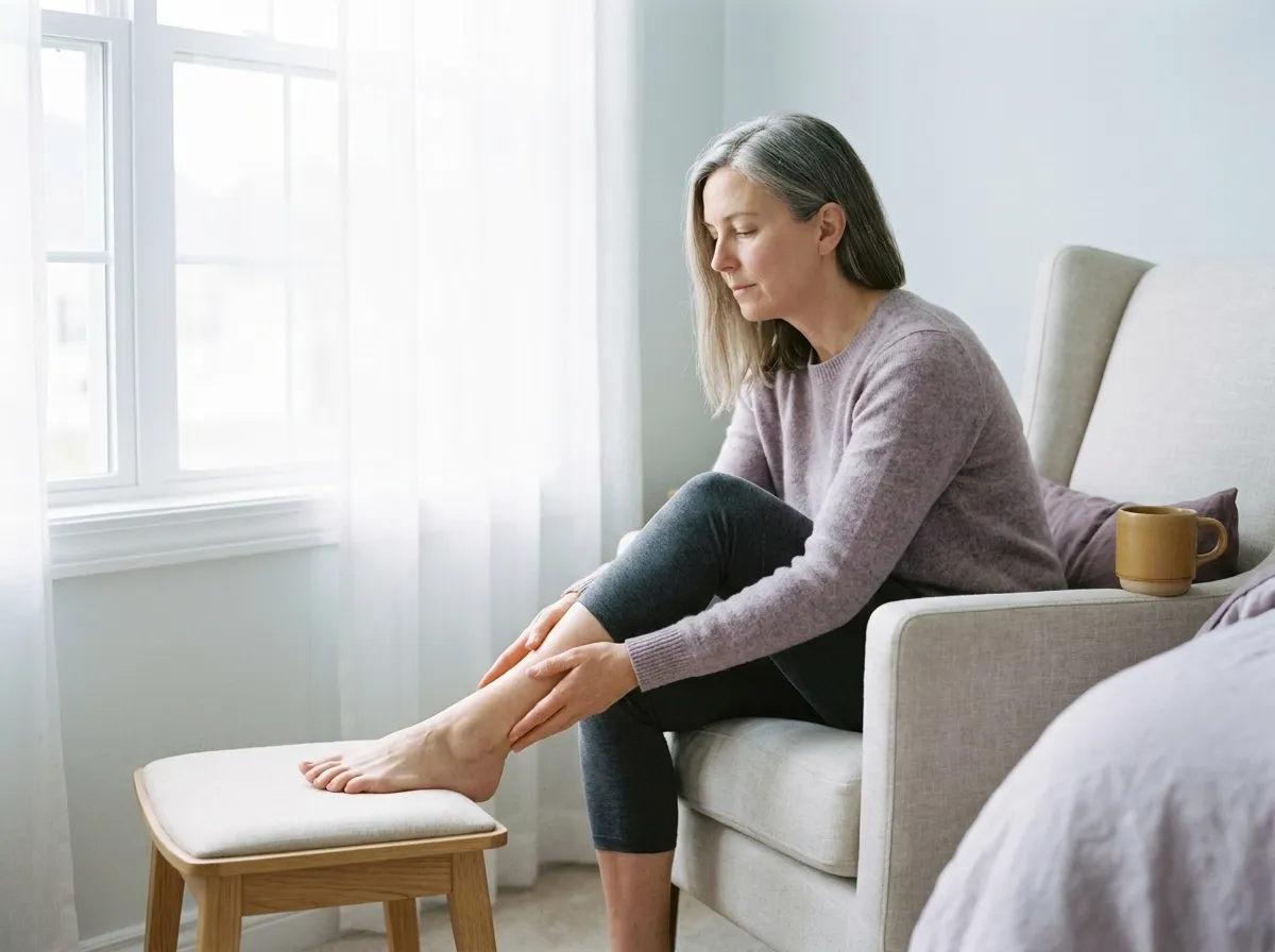 The woman sitting in an armchair, both hands sweeping slowly up the back of her lower leg, nowhere near her heel.