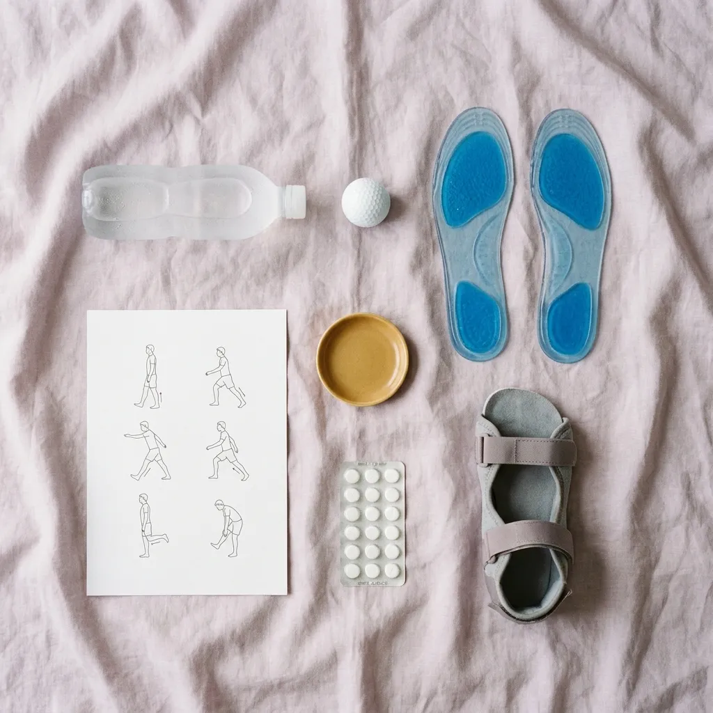 A frozen water bottle, a golf ball, a pair of gel insoles, a printed sheet of calf stretches, a pack of tablets and a soft night splint, laid out on linen.