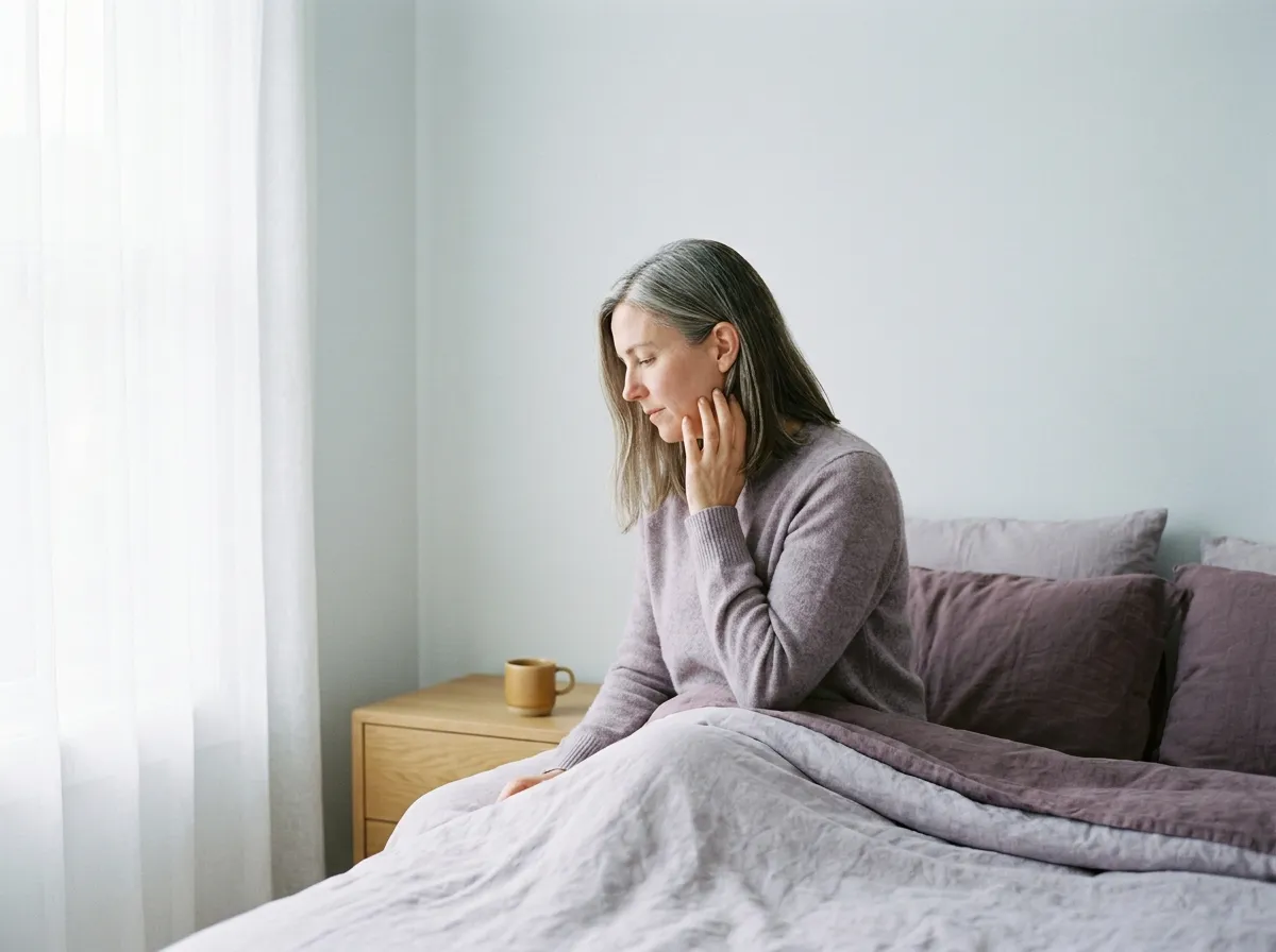 A woman in her fifties sitting up in bed in early morning light, two fingertips resting on the side of her jaw just below her ear.