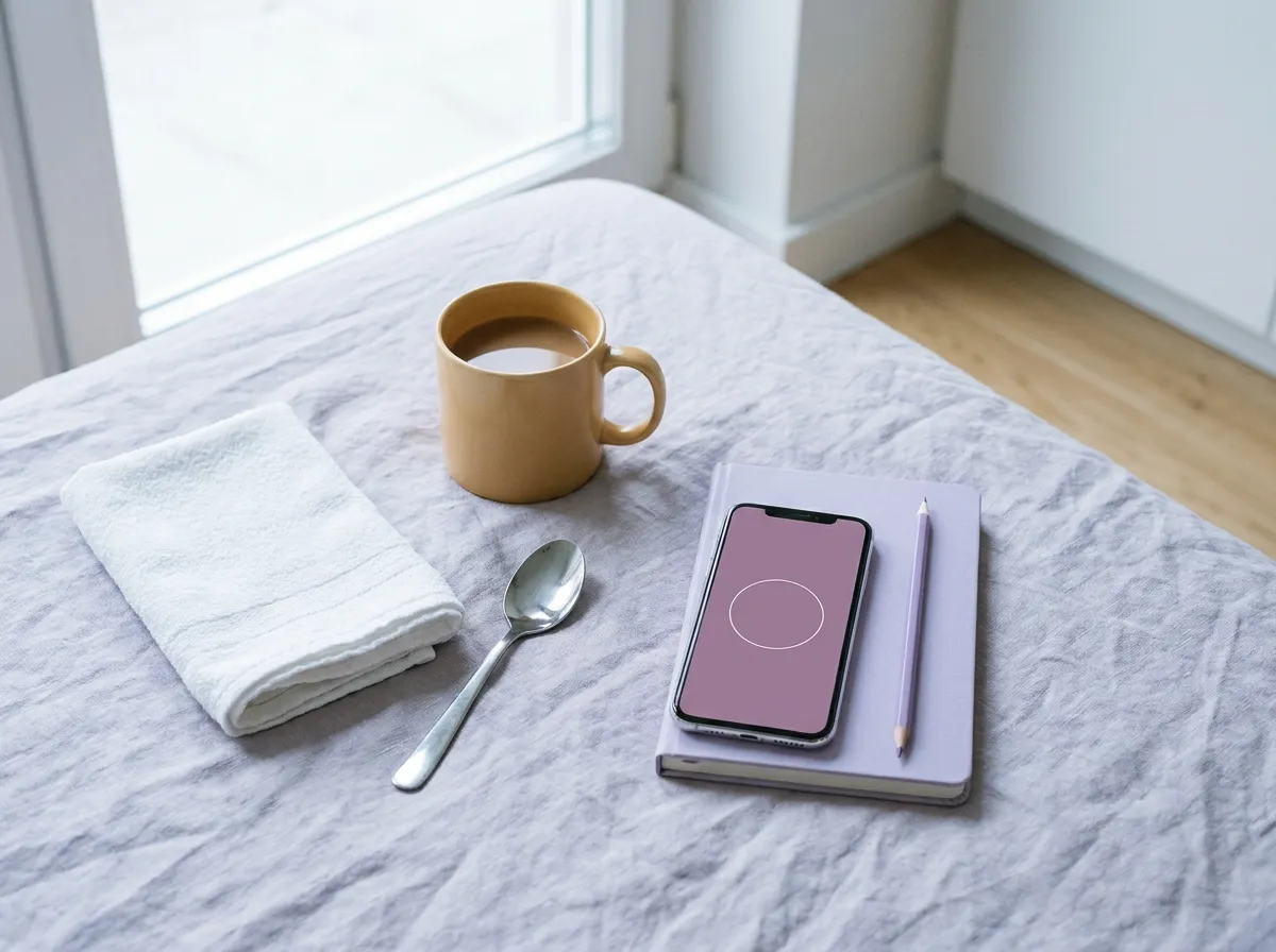A phone, a folded hand towel, a spoon, a notebook, a pencil and a mug of tea, laid out on linen.