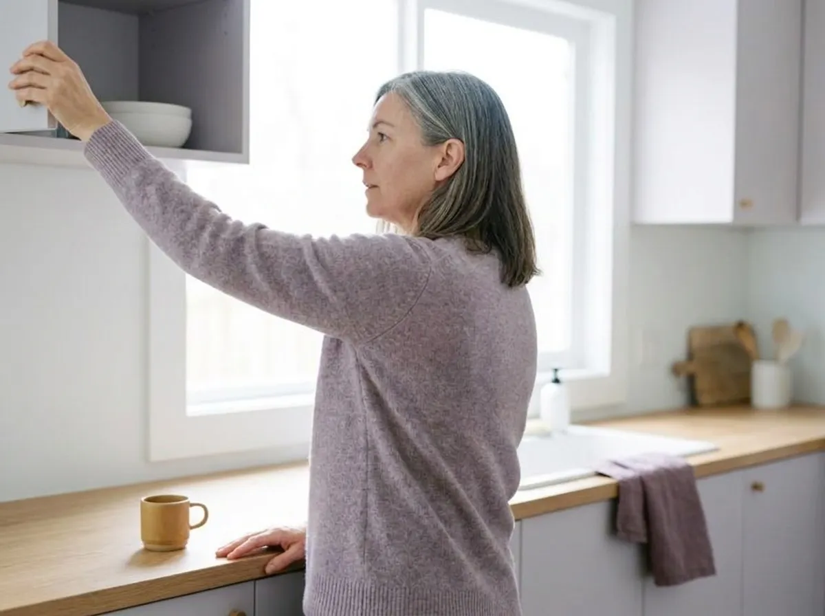 The same woman in her kitchen reaching up to a high cupboard, the shoulder of her reaching arm hitched up near her ear.