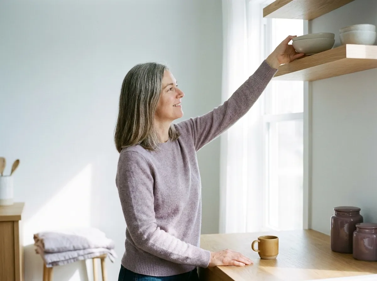 The woman smiling in her kitchen as she reaches up easily to take a bowl down from a high shelf, her shoulders low.