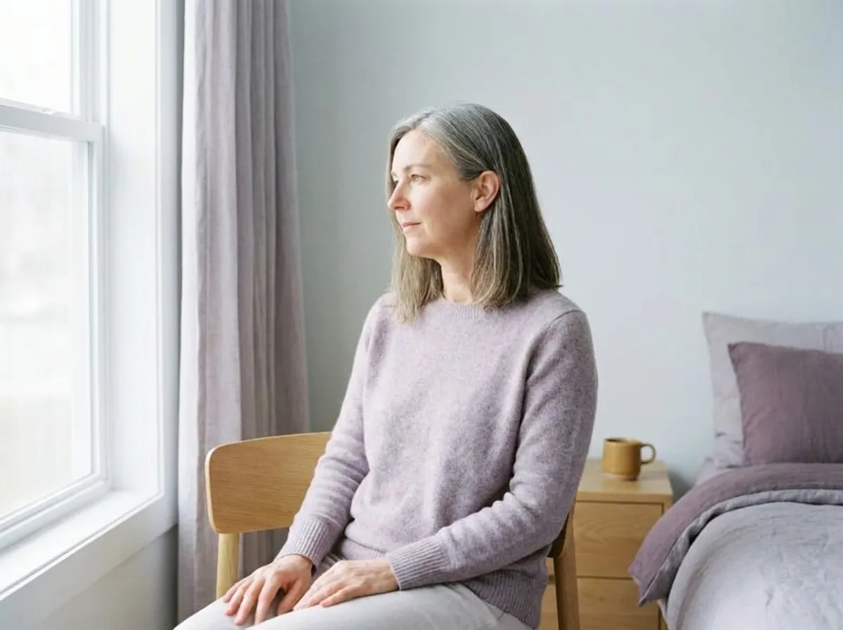 The woman sitting on a chair, her hands in her lap, turning her head slowly partway toward her shoulder.