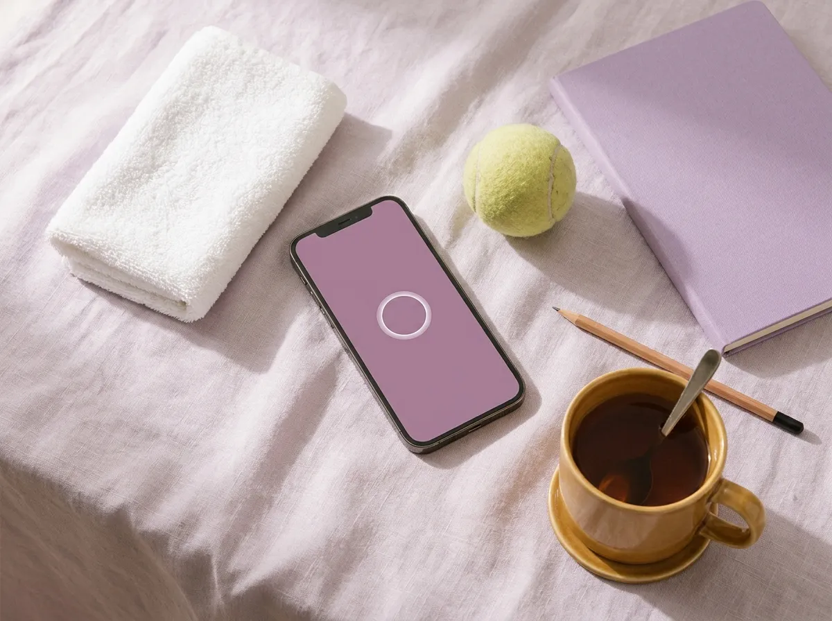 A phone, a folded hand towel, a tennis ball, a notebook, a pencil and a mug of tea on linen.