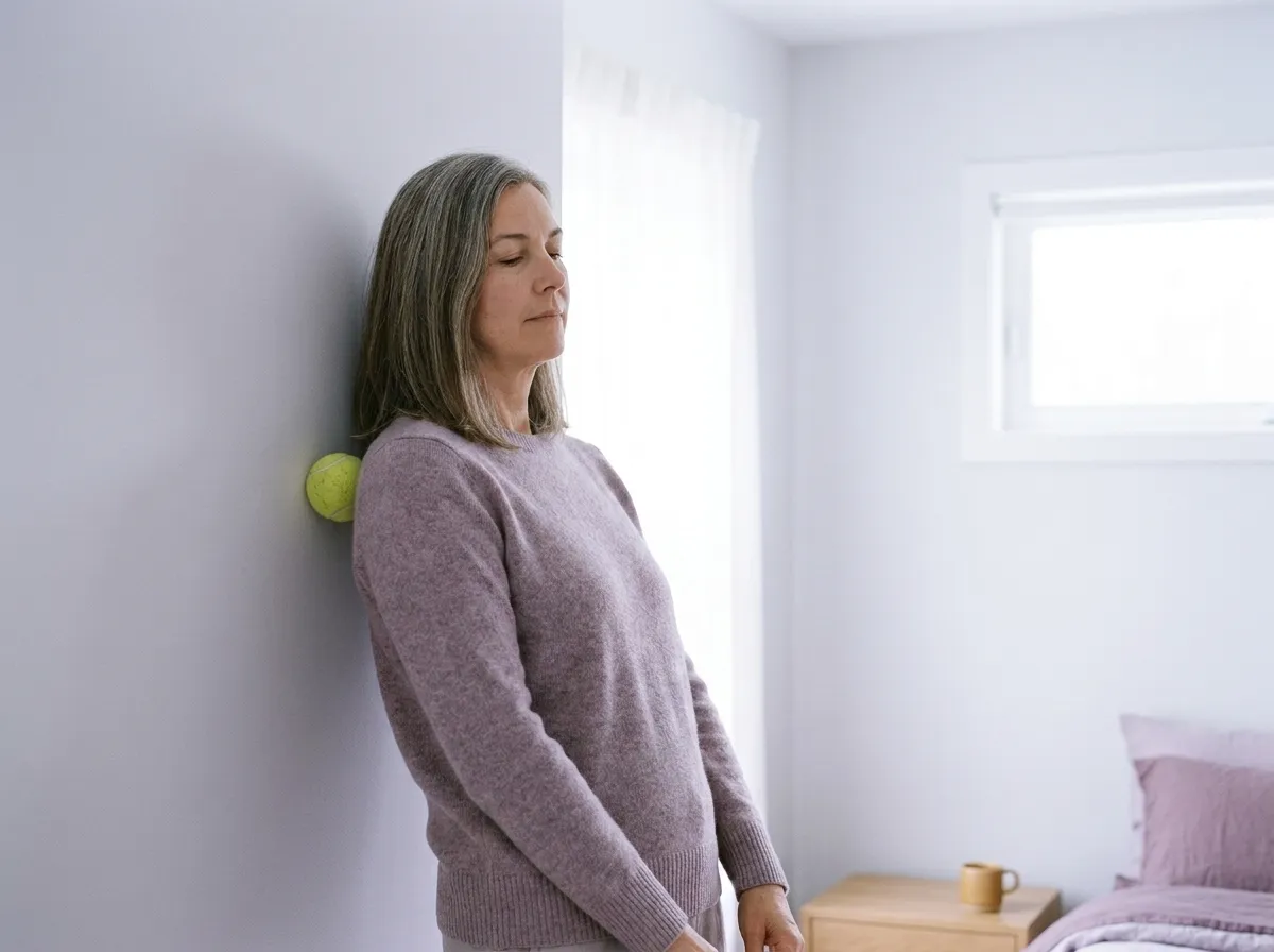 The woman leaning gently back against a wall with a tennis ball between the wall and her shoulder blade, away from her spine.
