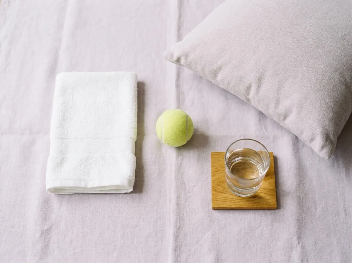 A folded hand towel, a tennis ball, a pillow and a glass of water on linen.