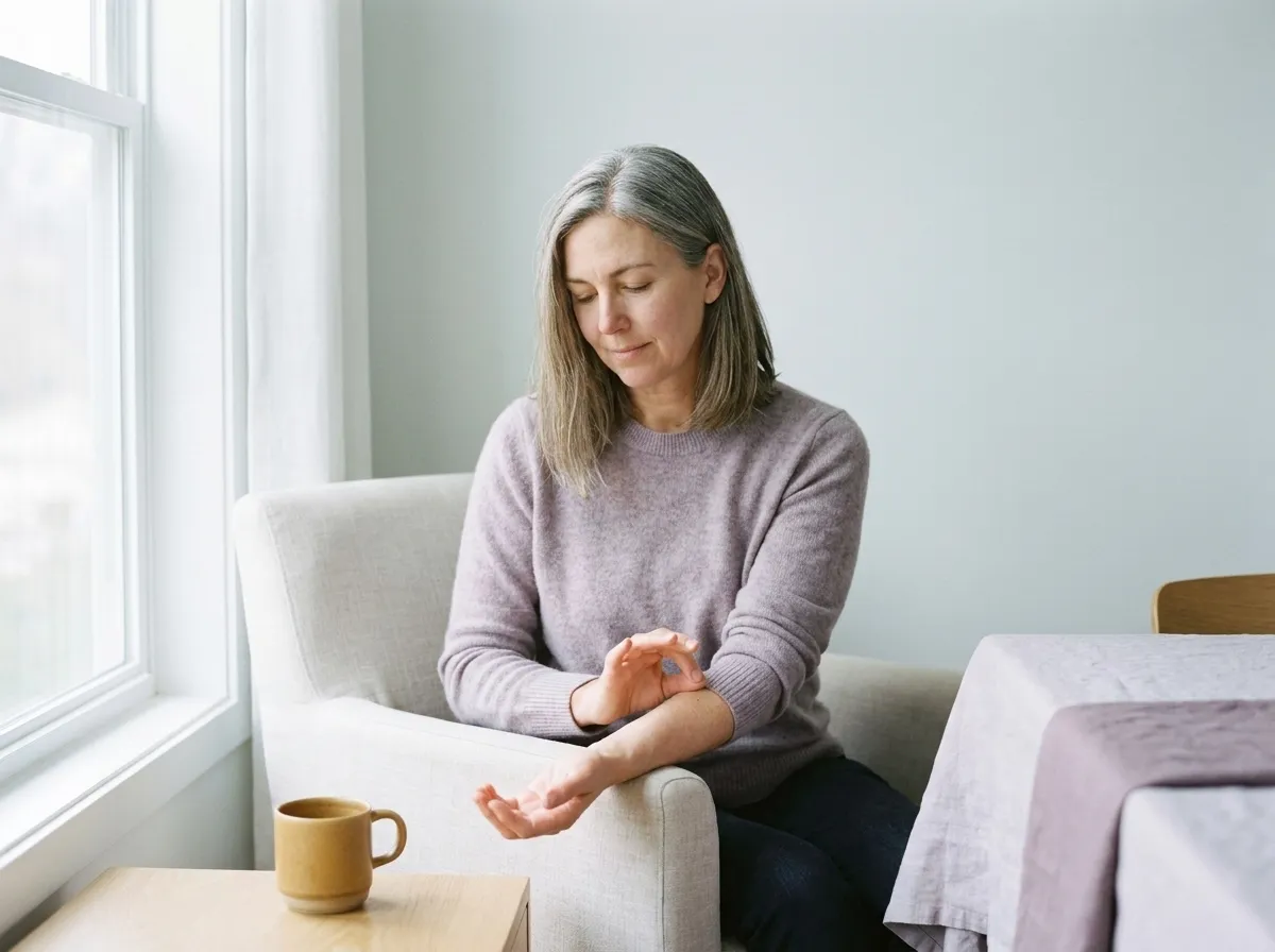 The woman sitting in an armchair, her thumb making a slow circle on the inside of her other forearm.