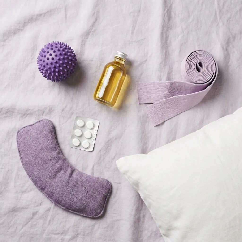 A spiky massage ball, a bottle of massage oil, a rolled resistance band, a pack of tablets, a shoulder heat pack and a pillow, laid out on linen.