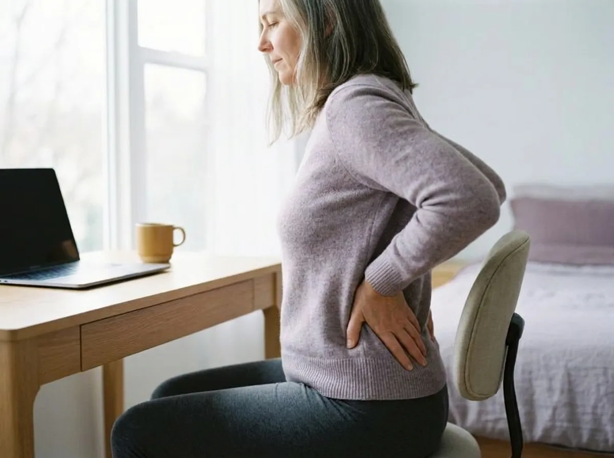 The same woman at her desk in the afternoon, one hand pressed to her lower back after sitting too long.