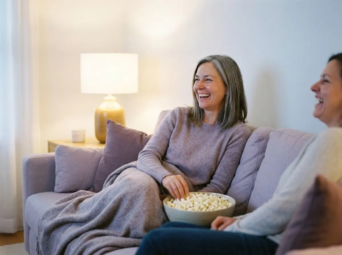The woman laughing on the sofa with a friend at a film, a blanket over her legs and a bowl of popcorn between them.