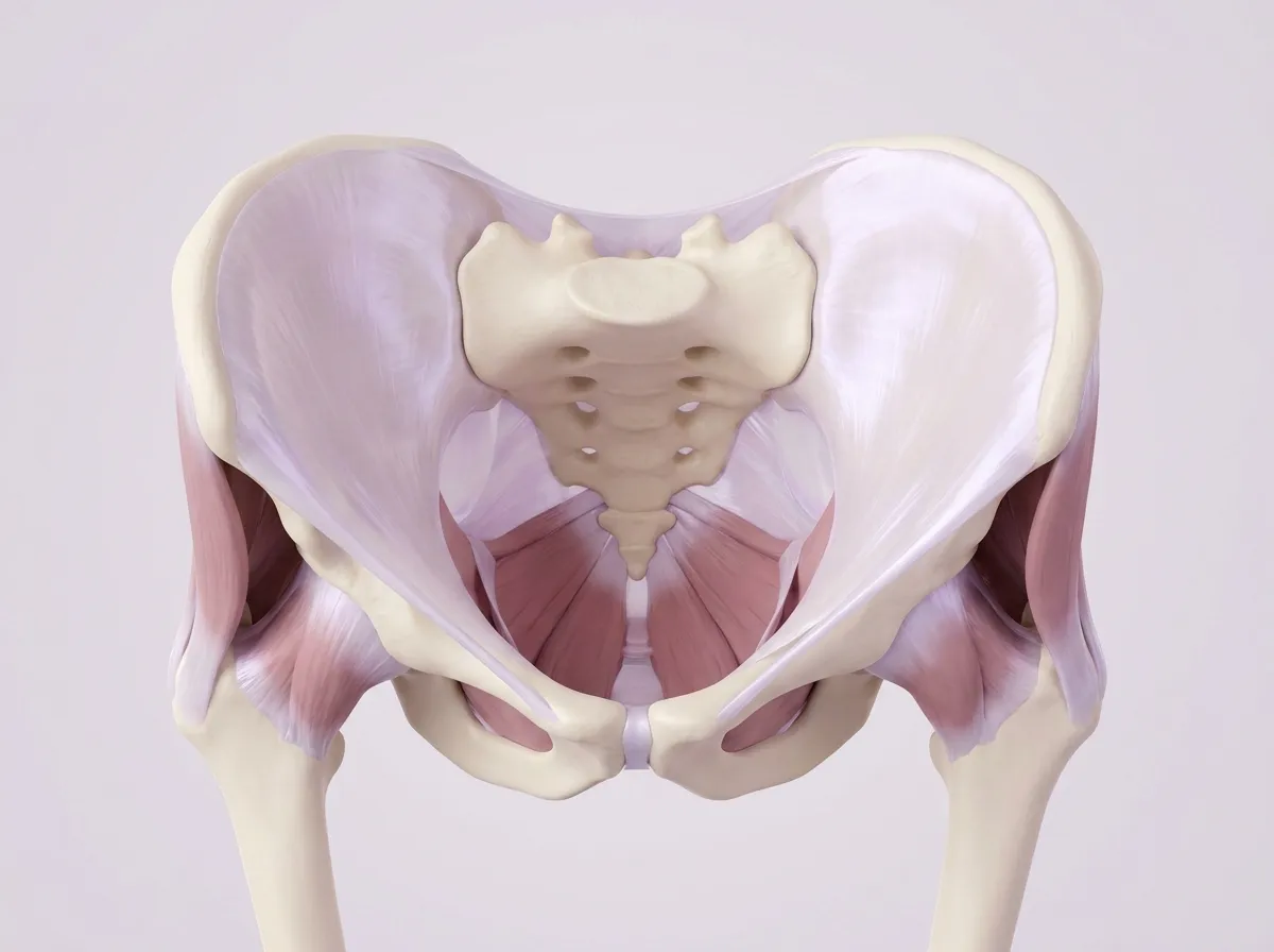 An anatomical model of the pelvis, with the pelvic floor muscles across the bottom of the bowl and the hip muscles, wrapped in one sheet of fascia.