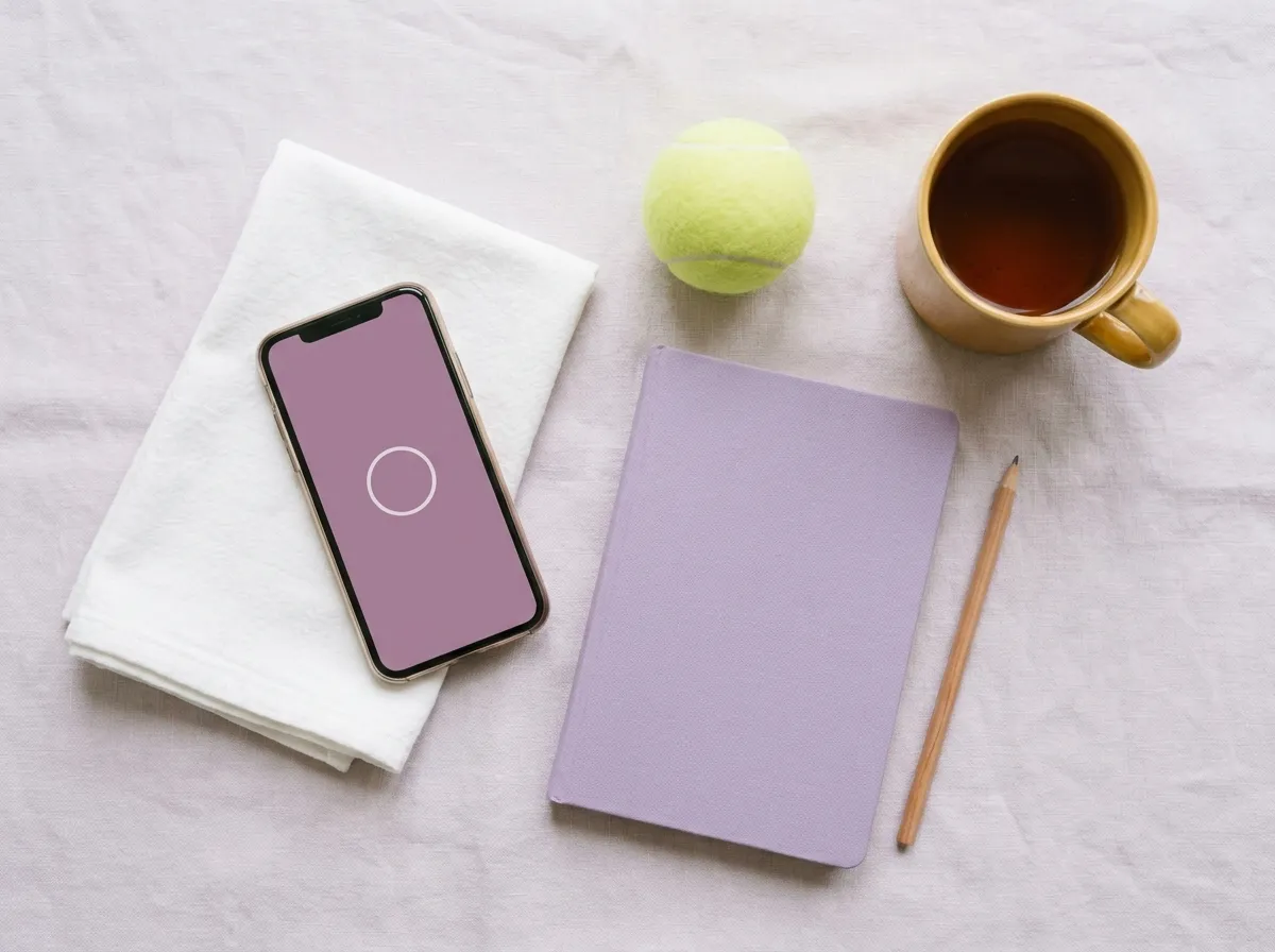 A phone, a folded towel, a tennis ball, a notebook, a pencil and a mug of tea on linen.