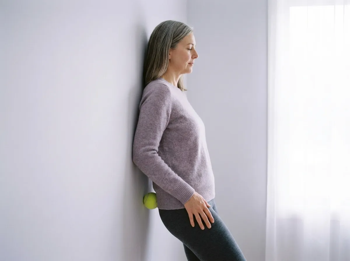 The woman leaning gently back against a wall with a tennis ball between the wall and the back of her hip.