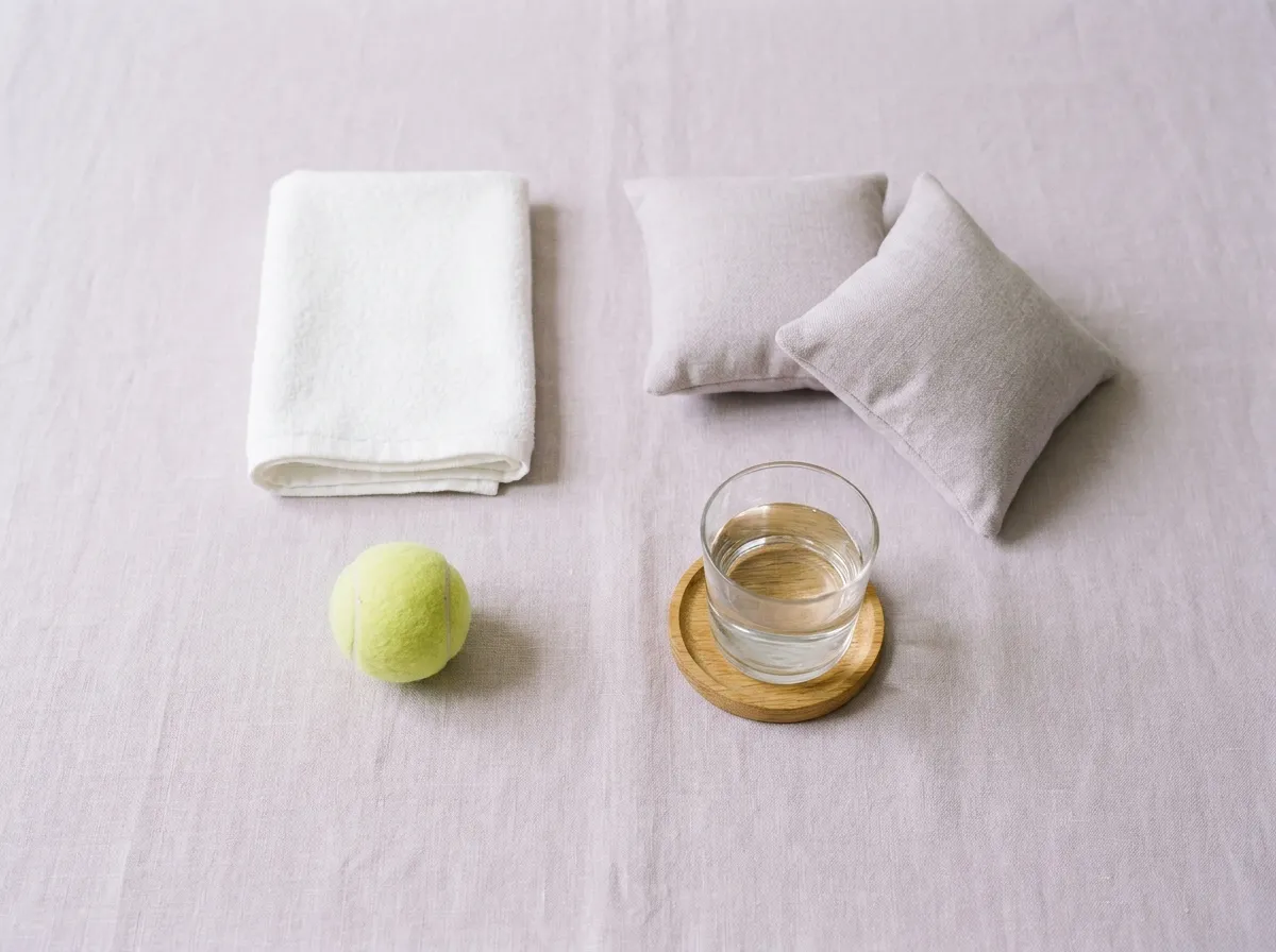 A folded hand towel, a tennis ball, two small cushions and a glass of water on linen.