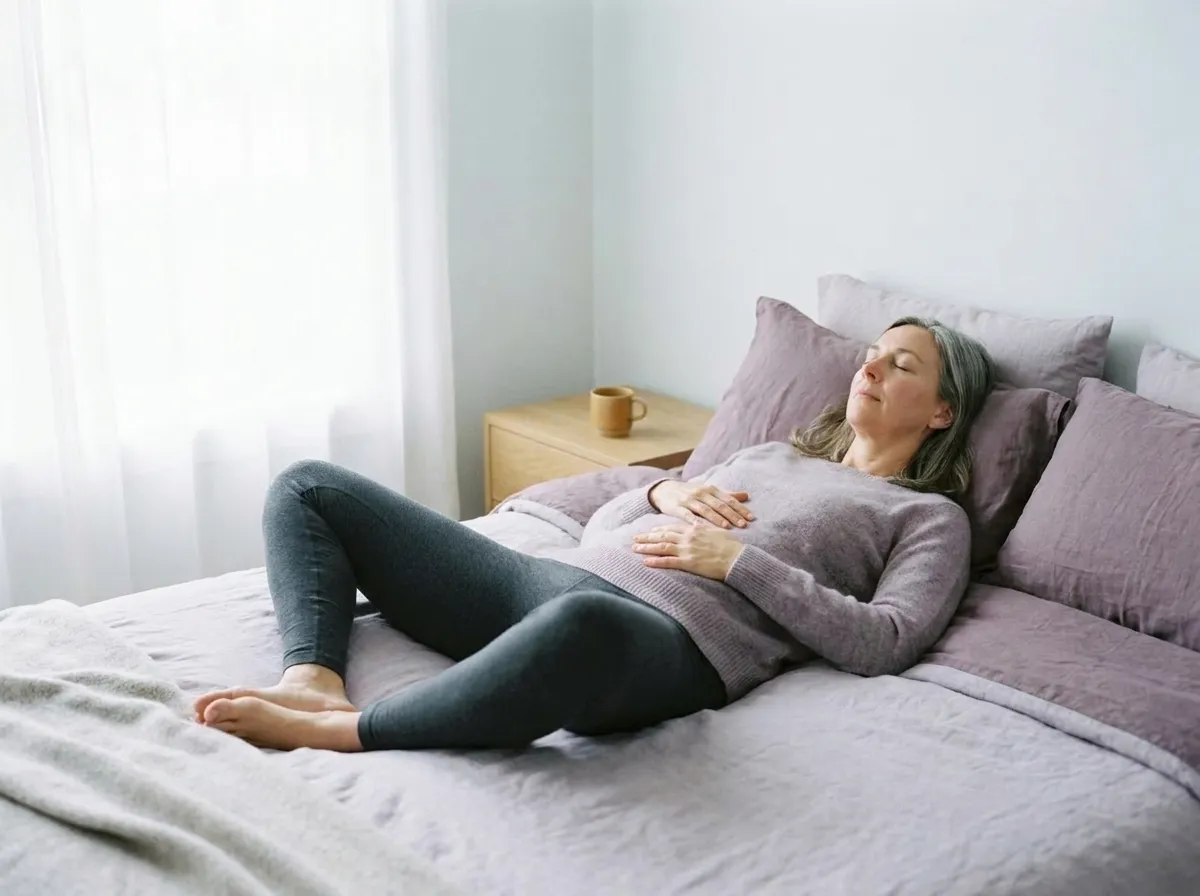 The woman lying on her back on a bed, knees bent, both hands resting on her belly, eyes closed.