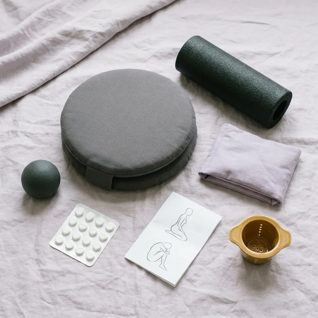 A seat cushion, a foam roller, a massage ball, a heat pack, a pack of tablets and a sheet of exercise drawings, laid out on linen.