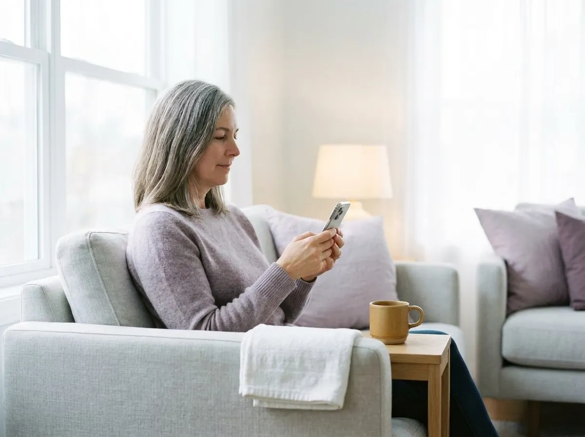 A woman in an armchair reading her phone, a folded towel over the arm of the chair.