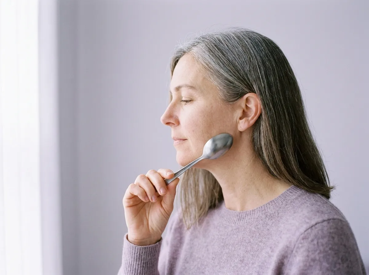 A woman in profile gliding the back of a spoon lightly along her jawline.
