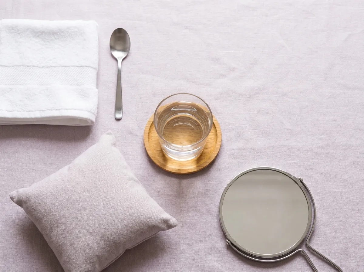 A folded hand towel, a plain spoon, a small round mirror, a cushion and a glass of water, laid out on linen.