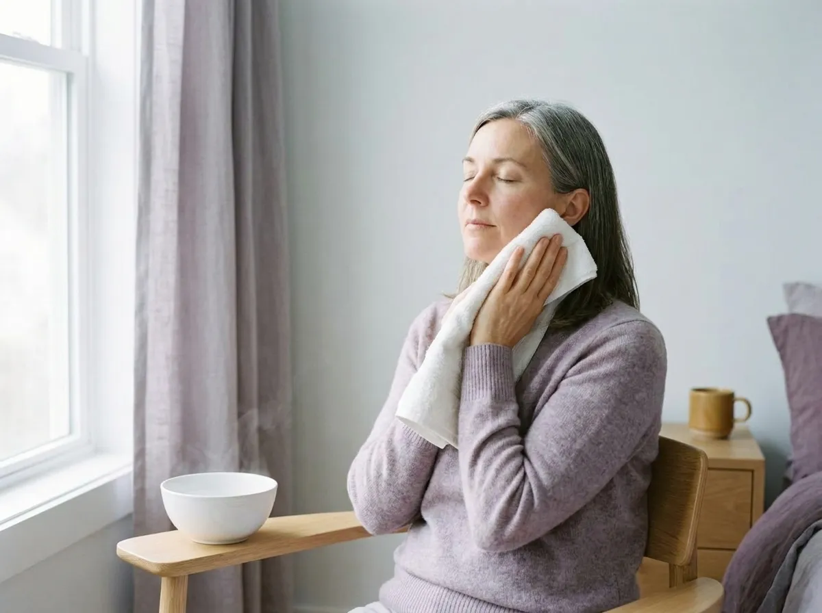 A woman with her eyes closed, holding a warm folded towel against the side of her jaw with an open hand.