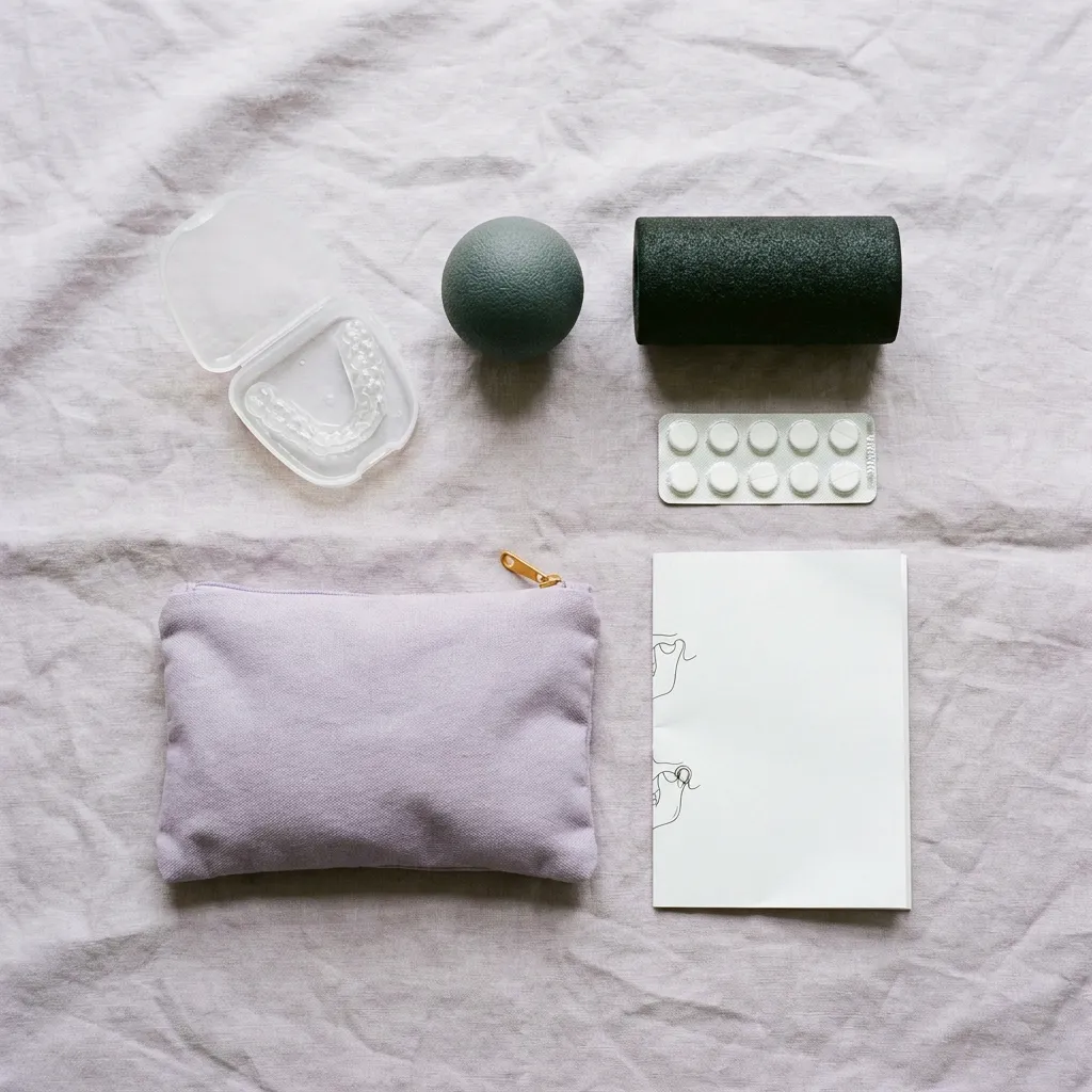 A night guard in its case, a massage ball, a foam roller, a pack of tablets, a heat pack and a sheet of jaw exercises, laid out on linen.