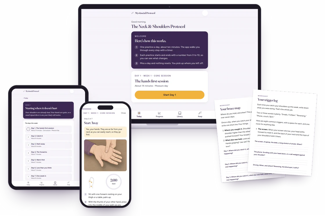 The program on a laptop, a tablet and a phone, with pages from the workbook